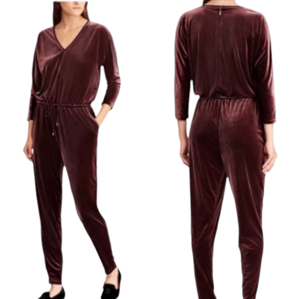 Lauren Ralph Lauren Womens Burgundy Velvet V-Neck Drawstring Jumpsuit 3/4 Sleeve